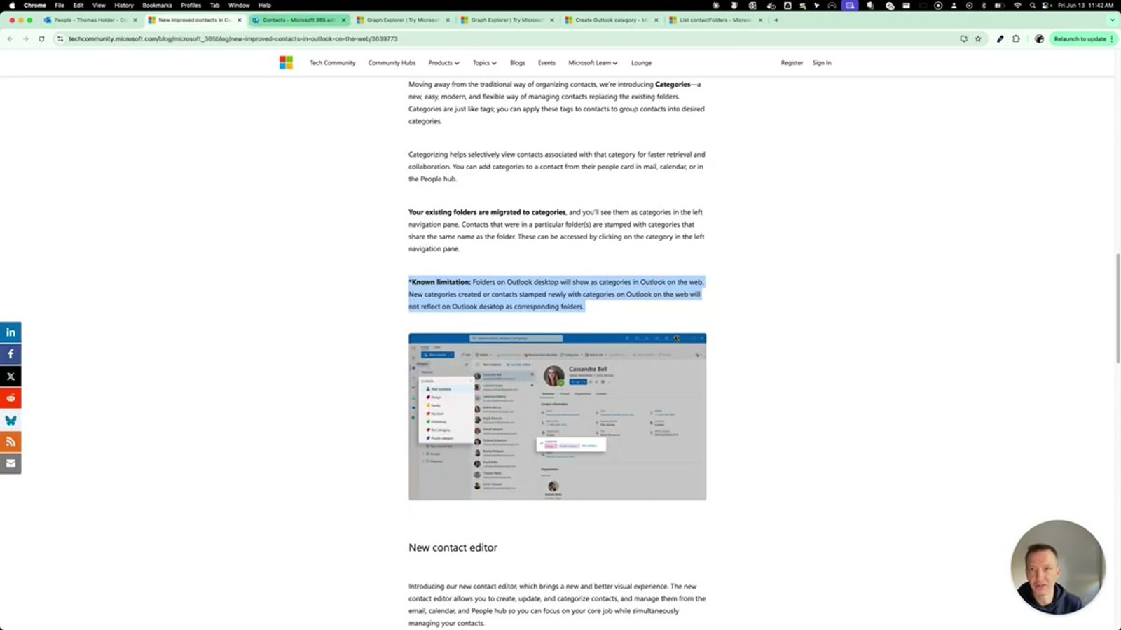 Outlook Web showing orphaned categories that cannot be deleted from the contact management interface