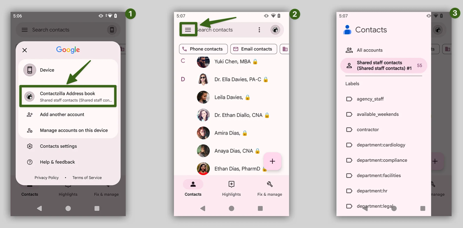 Android Contacts app with the Contactzilla Address book account selected and read-only company contacts marked with a lock emoji