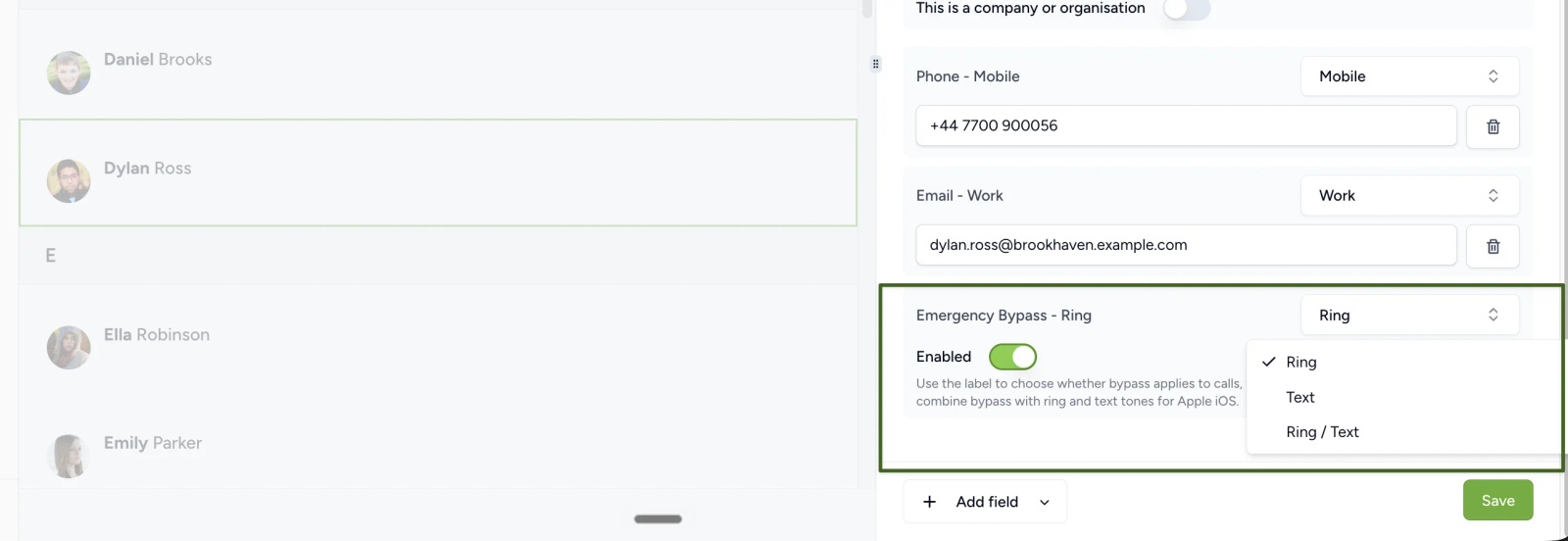 Contactzilla contact edit panel with the Emergency Bypass dropdown open, showing Ring, Text and Ring / Text as the type options.