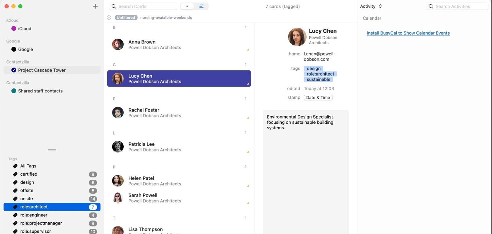 A screenshot of BusyContacts in Card View, showing a single-column list of contacts filtered by the “role:architect” tag. The selected contact's full details appear in the right-hand pane, including tags and a notes field, with accounts and tag filters visible in the left sidebar.