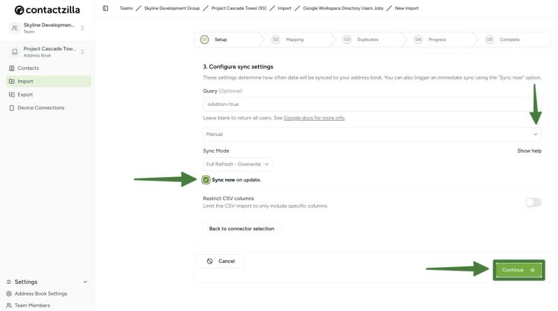 Contactzilla Google Workspace import configuration page with sync settings, including query filter, sync mode, and Sync now on update enabled.