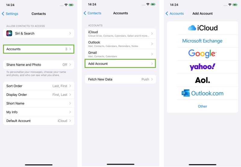 Setting up another account or sync source to add more contacts to your iPhone.