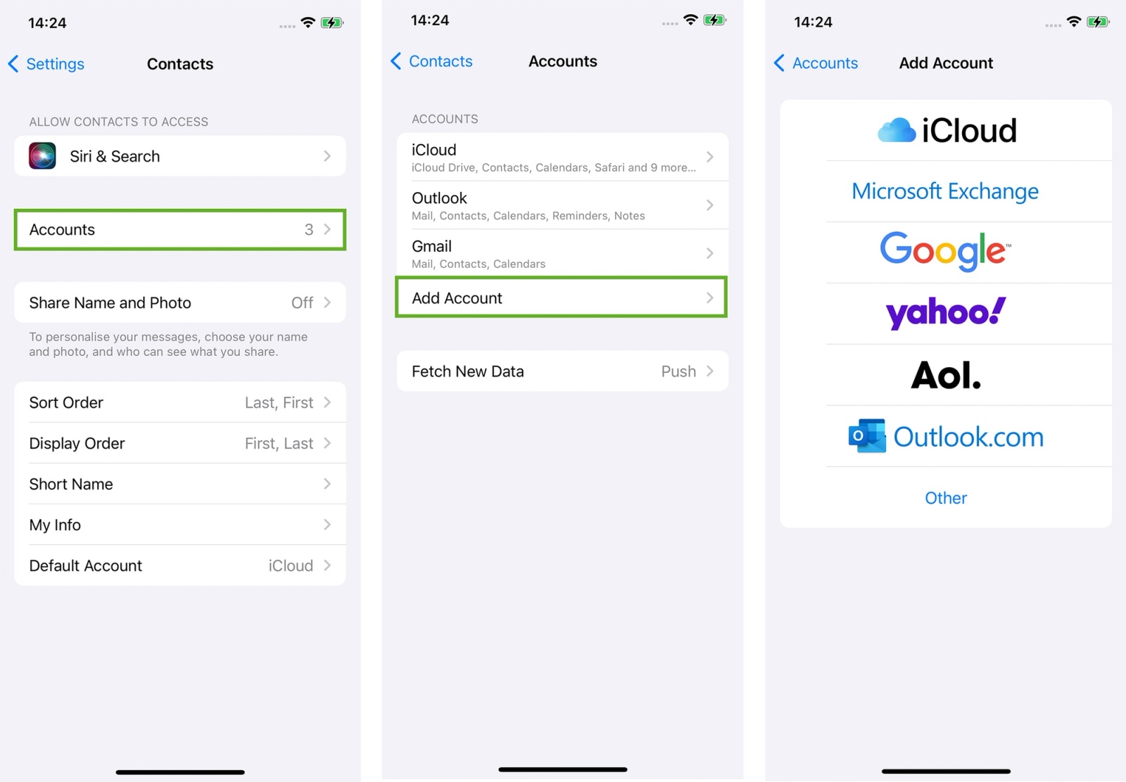 Setting up another account or sync source to add more contacts to your iPhone.