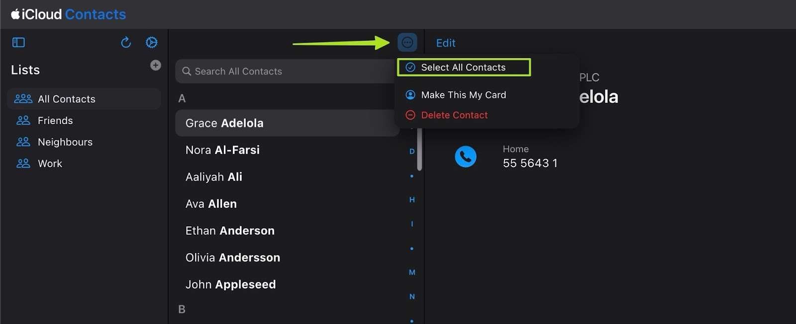 Selecting all your contacts in one go in Icloud's 'Contacts'.