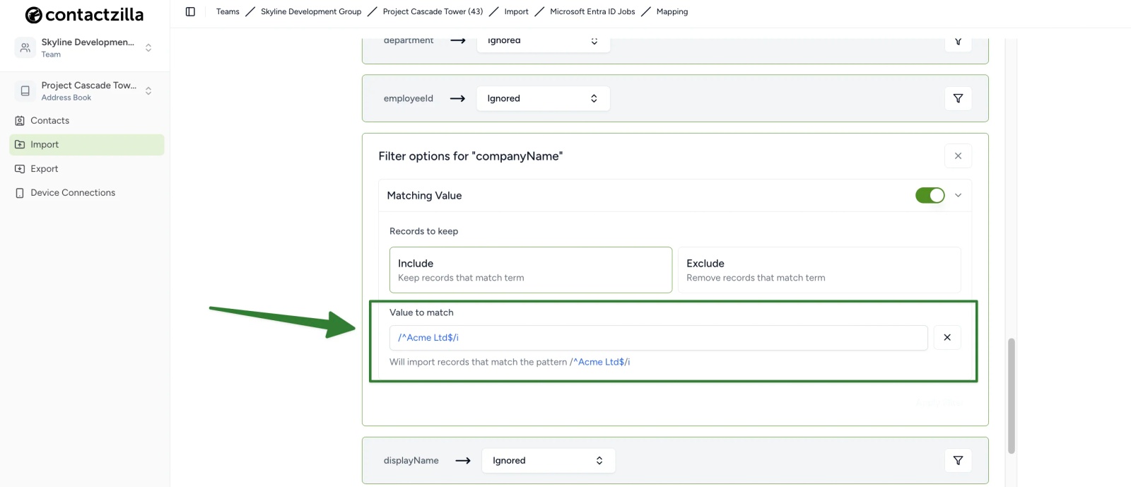 Filter configuration in Contactzilla showing an include rule using a regex pattern to import only contacts matching a specific company name