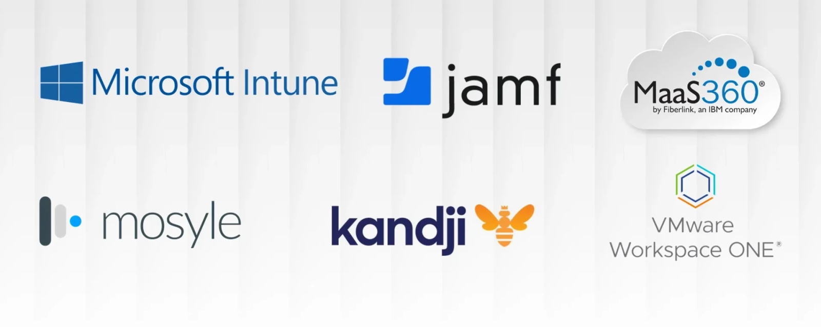 Image showing logos of leading Mobile Device Management (MDM) platforms: Microsoft Intune, Jamf, IBM MaaS360, Mosyle, Kandji, and VMware Workspace ONE. These MDM solutions are widely used for managing and securing enterprise mobile devices across iOS, Android, macOS, and Windows environments.
