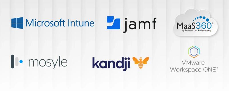 Image showing logos of leading Mobile Device Management (MDM) platforms: Microsoft Intune, Jamf, IBM MaaS360, Mosyle, Kandji, and VMware Workspace ONE. These MDM solutions are widely used for managing and securing enterprise mobile devices across iOS, Android, macOS, and Windows environments.