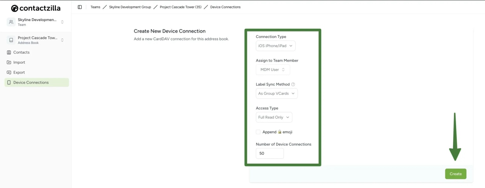 CardDAV Connections option in Contactzilla used to create an iOS MDM connection.