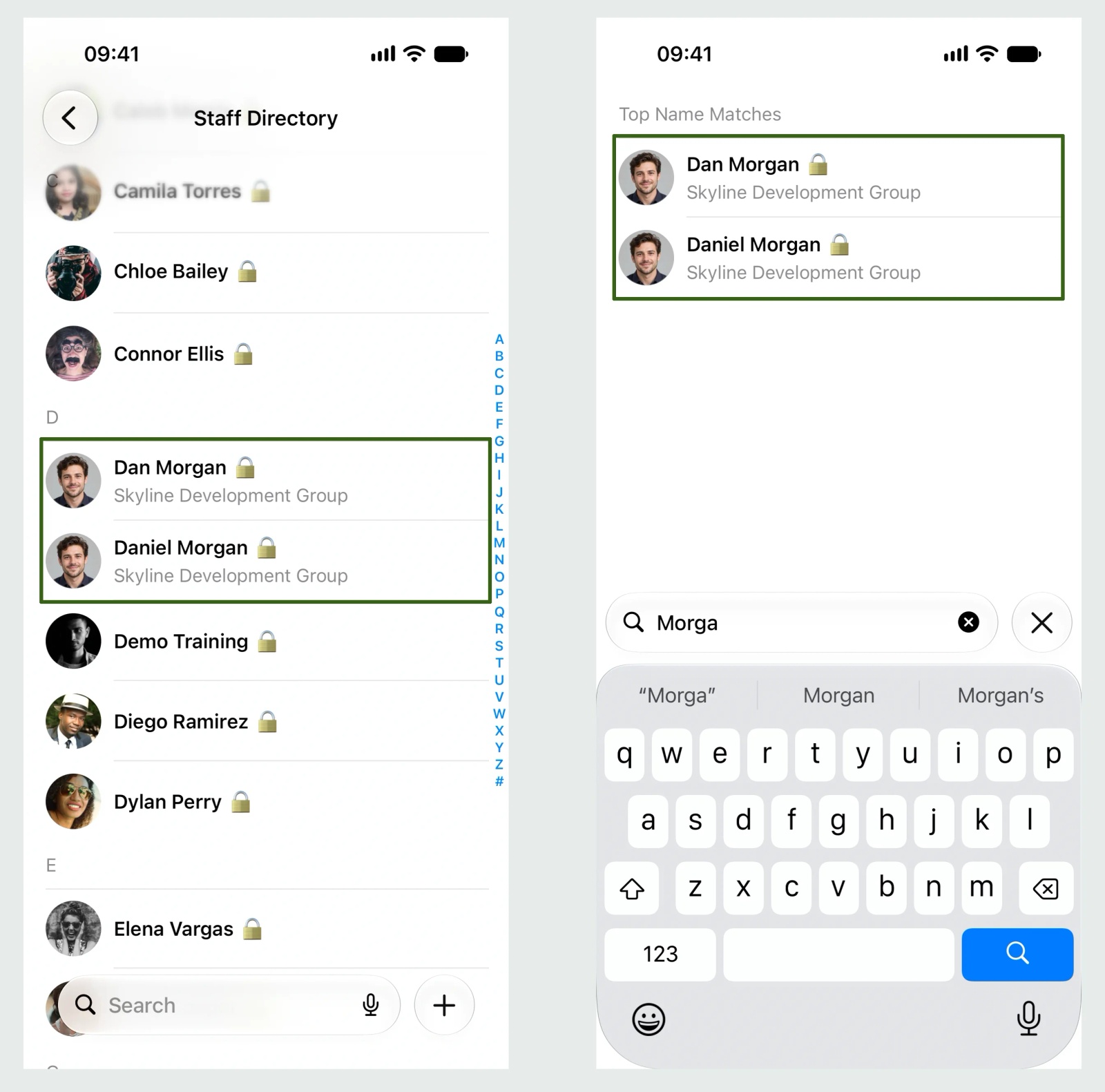Two screenshots of the Contacts app on an iPhone 15: the Staff Directory list with Dan Morgan and Daniel Morgan of Skyline Development Group boxed side by side, both with the same headshot and a padlock marking them read-only, and a search for Morga returning the same two contacts