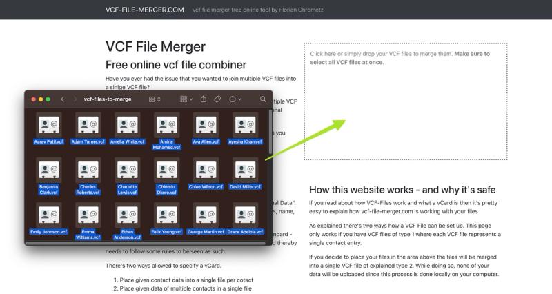 Merging vcf files by dragging them into an import window using an online tool.