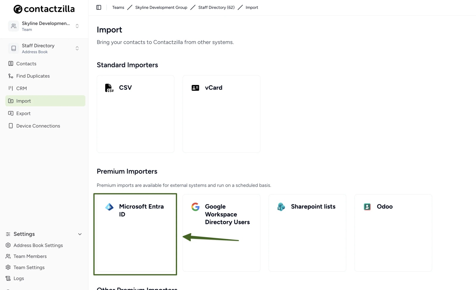 Contactzilla's Import screen showing Standard Importers (CSV, vCard) and Premium Importers with Microsoft Entra ID selected alongside Google Workspace, SharePoint lists and Odoo.