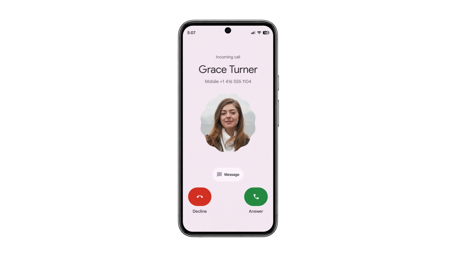 Incoming call on an Android phone showing a colleague's name, number and photo from the synced company directory