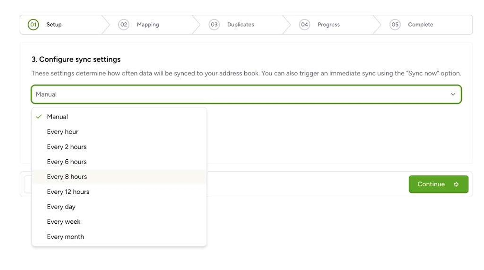 Screenshot showing configuring the sync settings for the synchronization of contacts between contactzilla and salesforce, showing different length intervals which can be selected.
