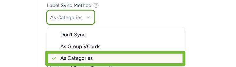 Dropdown menu from Contactzilla’s CardDAV connection settings, showing the Label Sync Method set to “As Categories”, highlighted in green, illustrating Step 4: keeping labels recognized on Android devices.