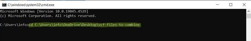 Navigating to your vcf folder using the Windows Command Prompt.