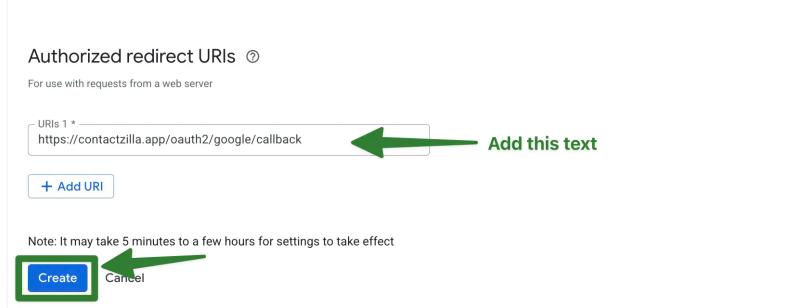 Google Cloud OAuth client setup showing the authorised redirect URI field populated with the Contactzilla callback URL.