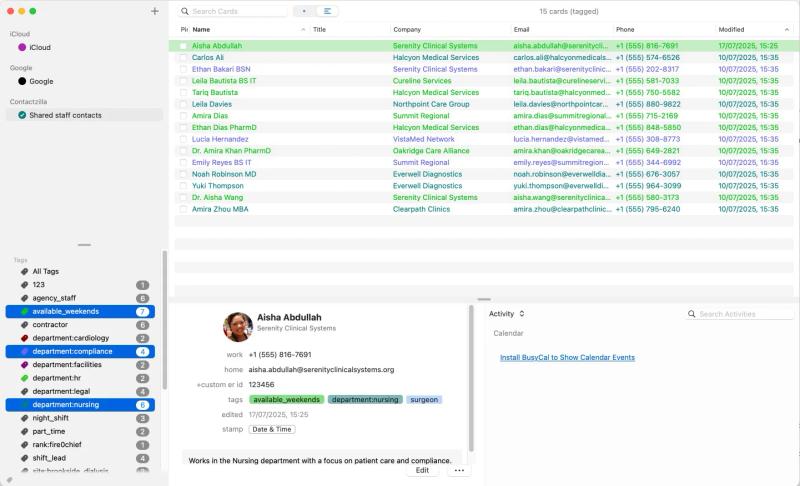 Screenshot of BusyContacts on macOS showing a contact list with tags and detailed contact information. The left sidebar displays contact accounts (iCloud, Google, and Contactzilla) and an extensive list of color-coded tags such as “available_weekends” and “department:nursing.” The main panel shows a filtered list of tagged contacts, while the bottom pane displays full contact details for Aisha Abdullah, including tags and notes.