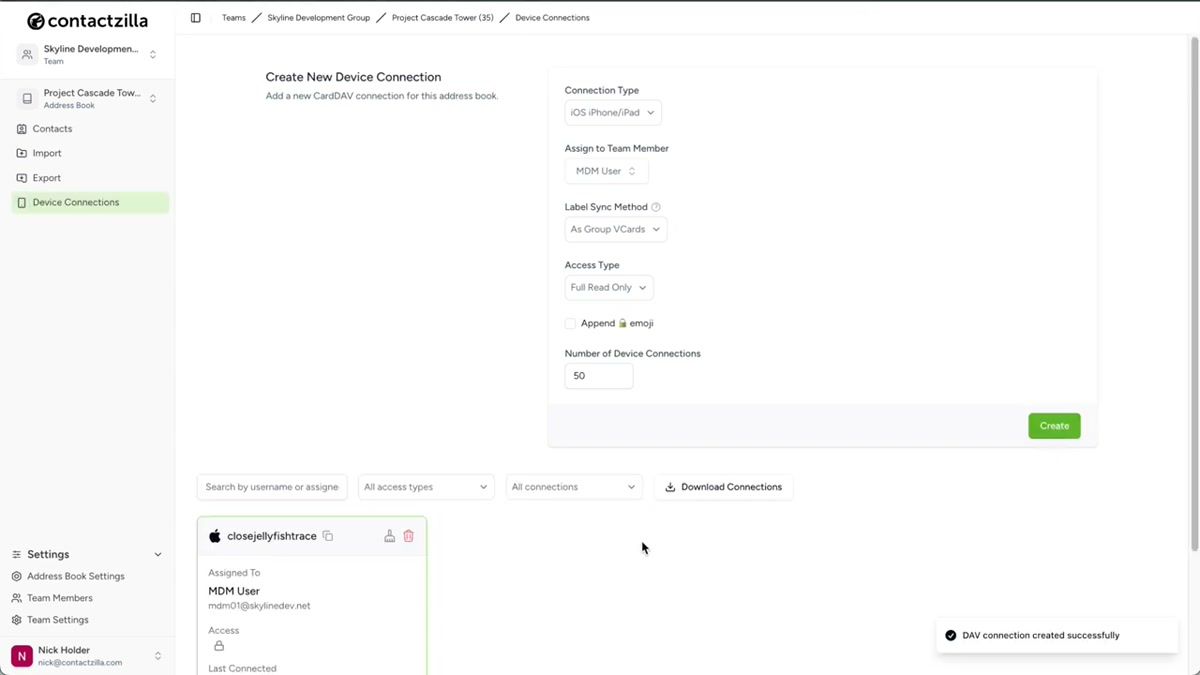 Contactzilla device connection setup page showing the download option for the iOS mobile configuration file