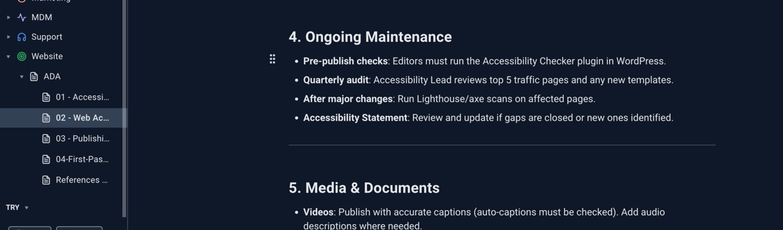 Screenshot of a company wiki page displaying an accessibility process. The section shown lists ongoing maintenance tasks, such as pre-publish checks, quarterly audits, major change reviews, and maintaining the accessibility statement.