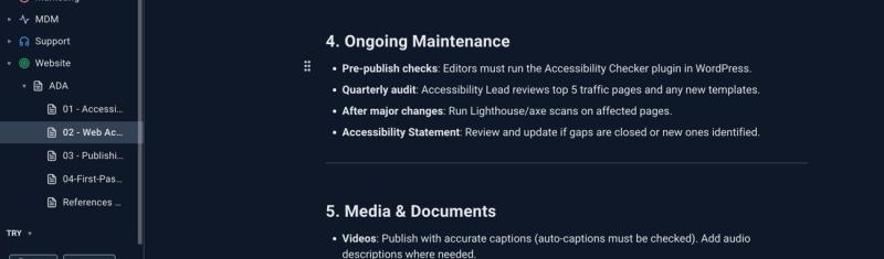 Screenshot of a company wiki page displaying an accessibility process. The section shown lists ongoing maintenance tasks, such as pre-publish checks, quarterly audits, major change reviews, and maintaining the accessibility statement.