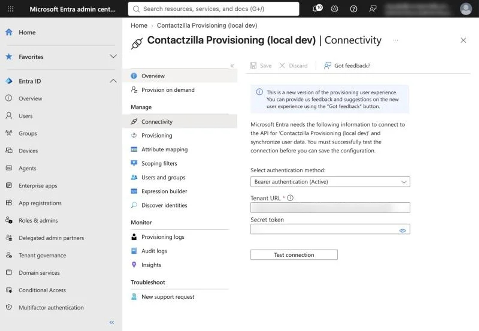 Entra Provisioning Connectivity page with Bearer authentication selected, plus the Tenant URL and Secret token fields.