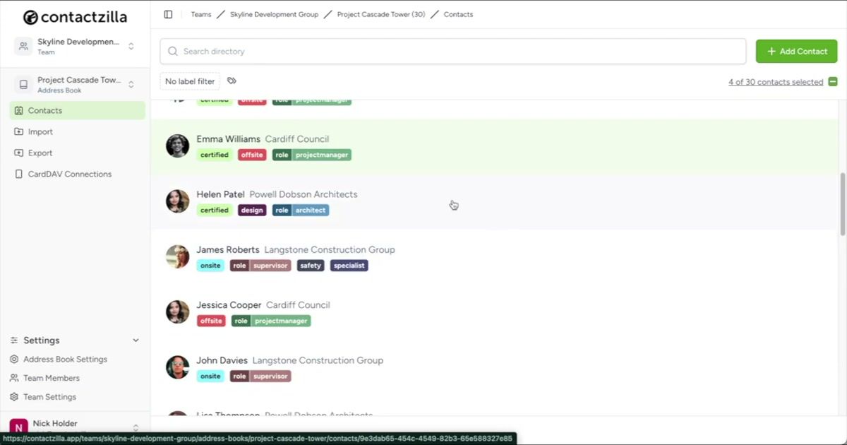 Team Members section showing existing members assigned to the Skyline Development Group team