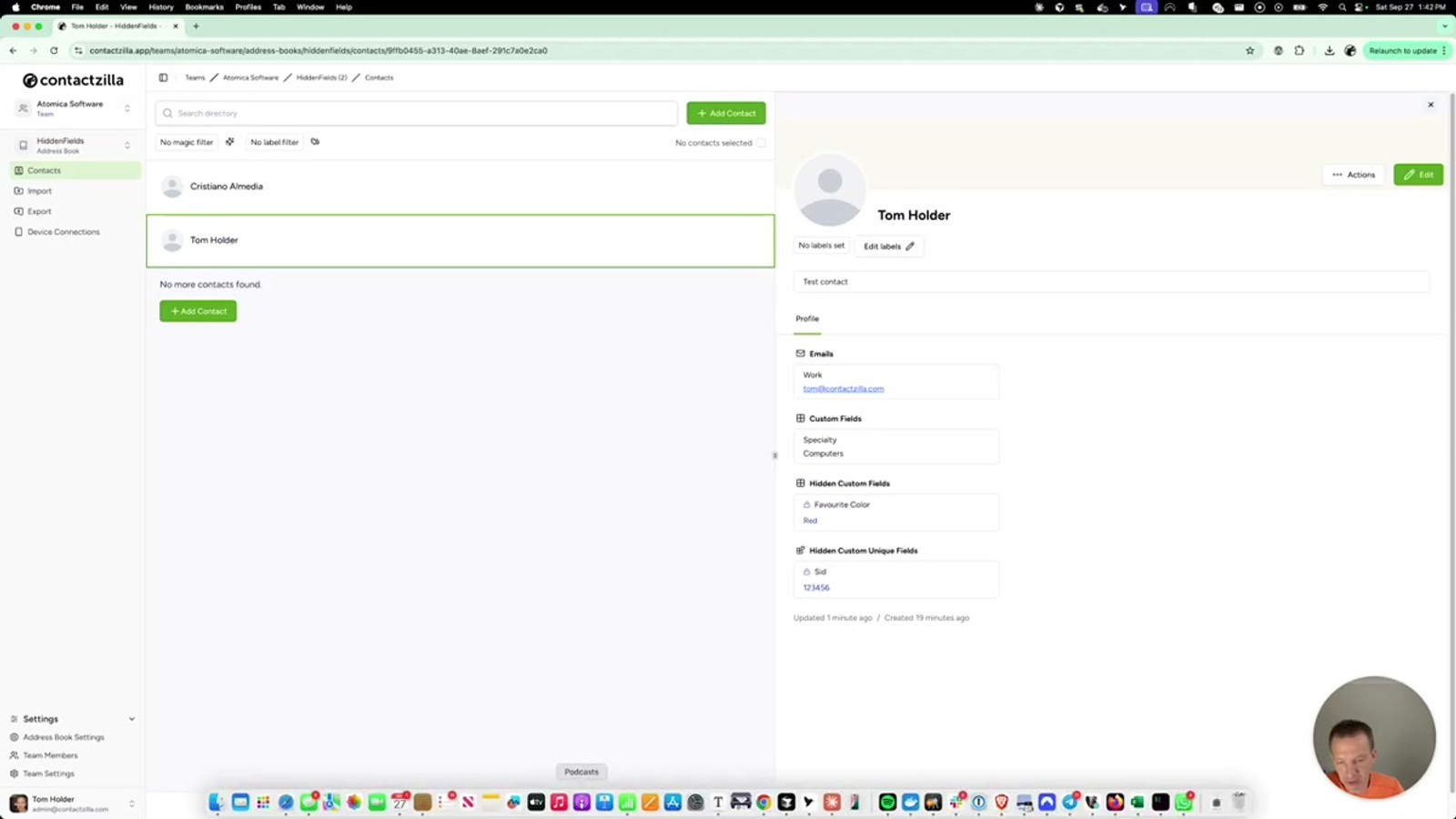 Address book view showing both Tom and Cristiano contacts after successful import with merged data