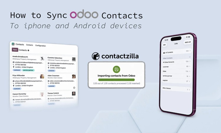 Banner illustrating Odoo contacts syncing through Contactzilla into an iPhone Contacts app, showing the Odoo contact list, an import progress screen, and iPhone lists split by label.