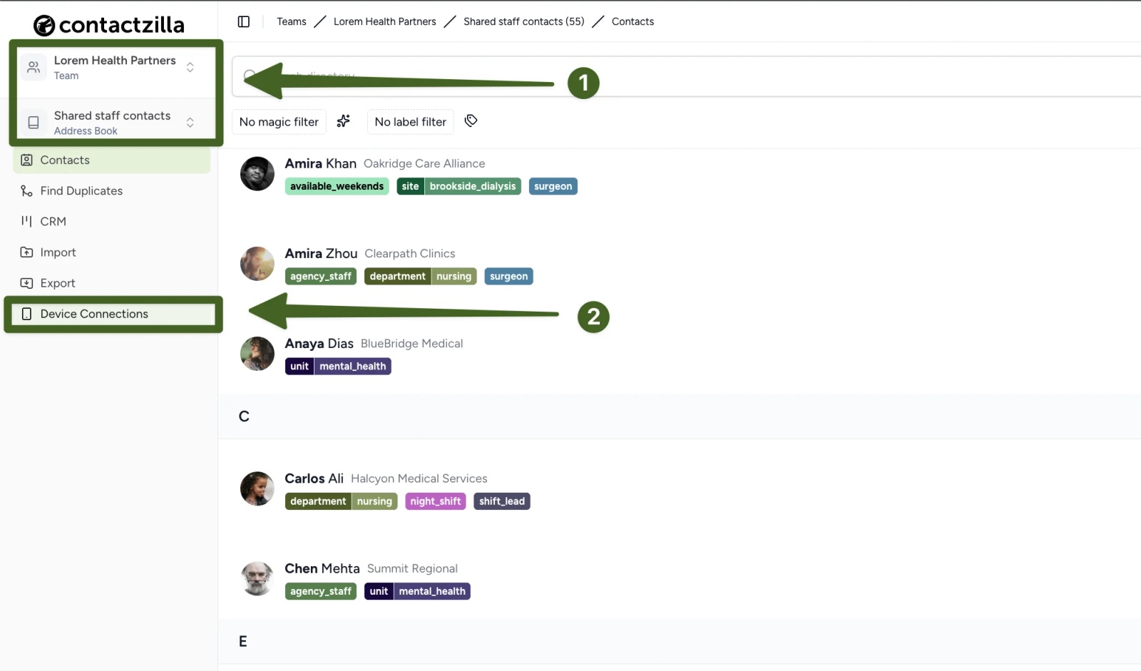 Contactzilla sidebar with the team and address book selectors (arrow 1) and the Device Connections menu item (arrow 2) highlighted