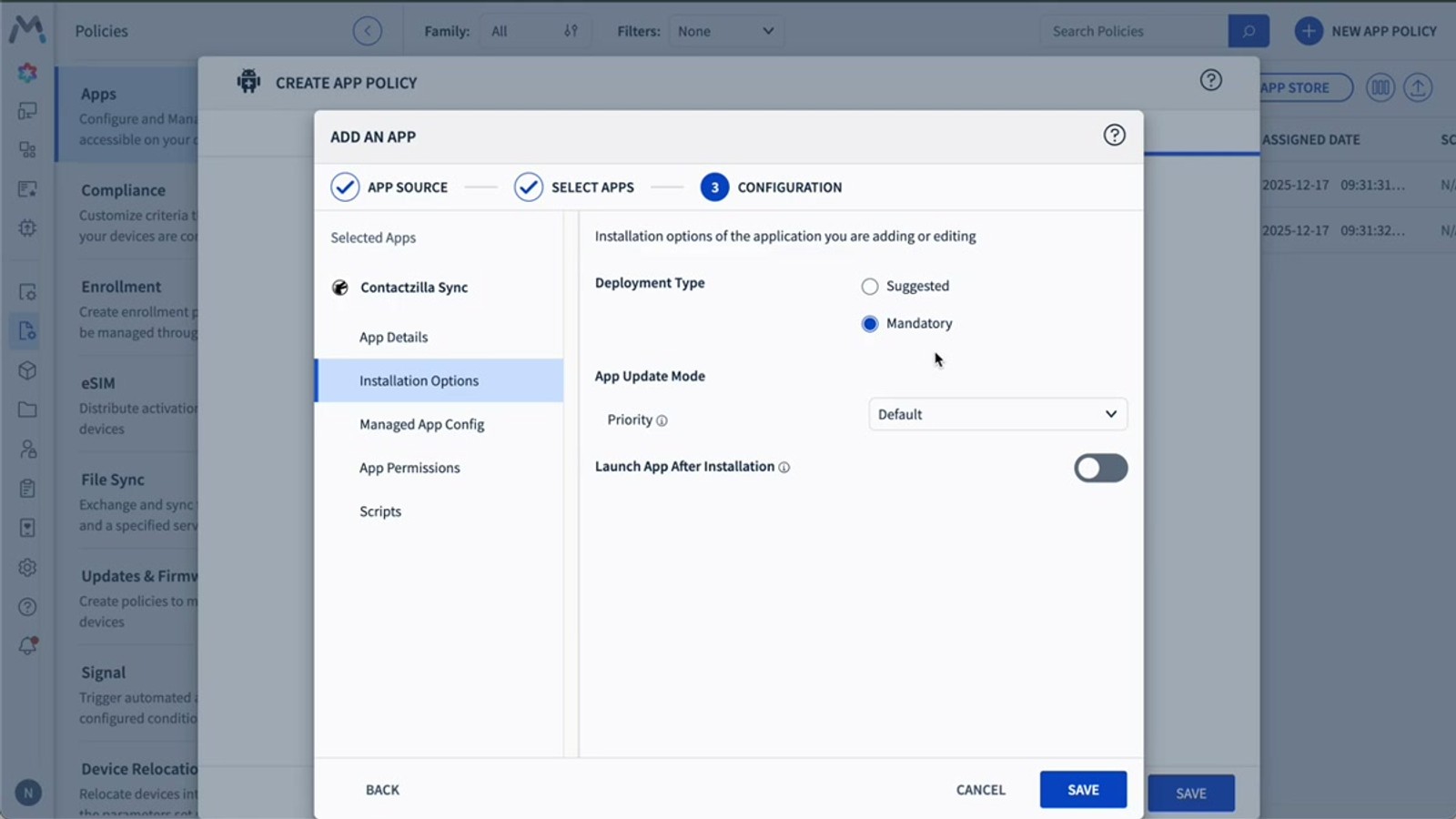 SOTI MobiControl policy creation screen showing the Android Enterprise app policy setup with Contactzilla Sync app selected