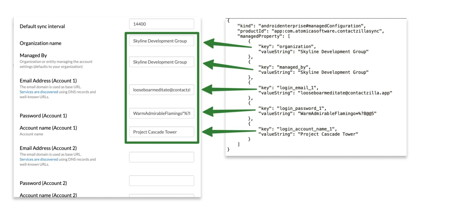 Side-by-side view showing Contactzilla Sync configuration fields mapped directly to values from the Contactzilla device connection JSON file.