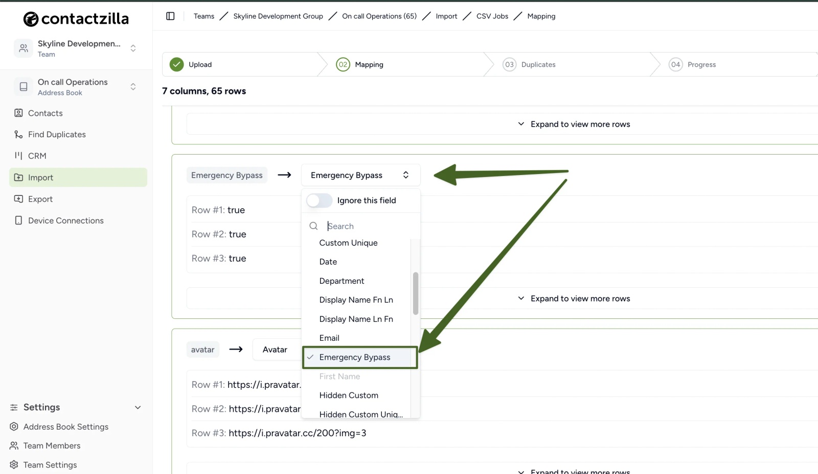 Contactzilla CSV import Mapping step showing the Emergency Bypass column mapped to the Emergency Bypass field, with true values in the preview rows.