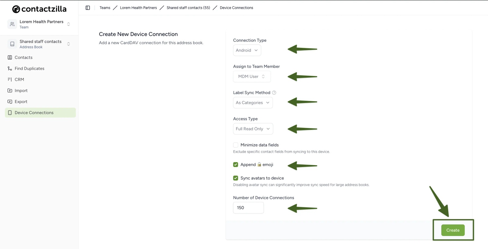 Contactzilla Create New Device Connection set to Android, MDM User, Full Read Only and the padlock emoji