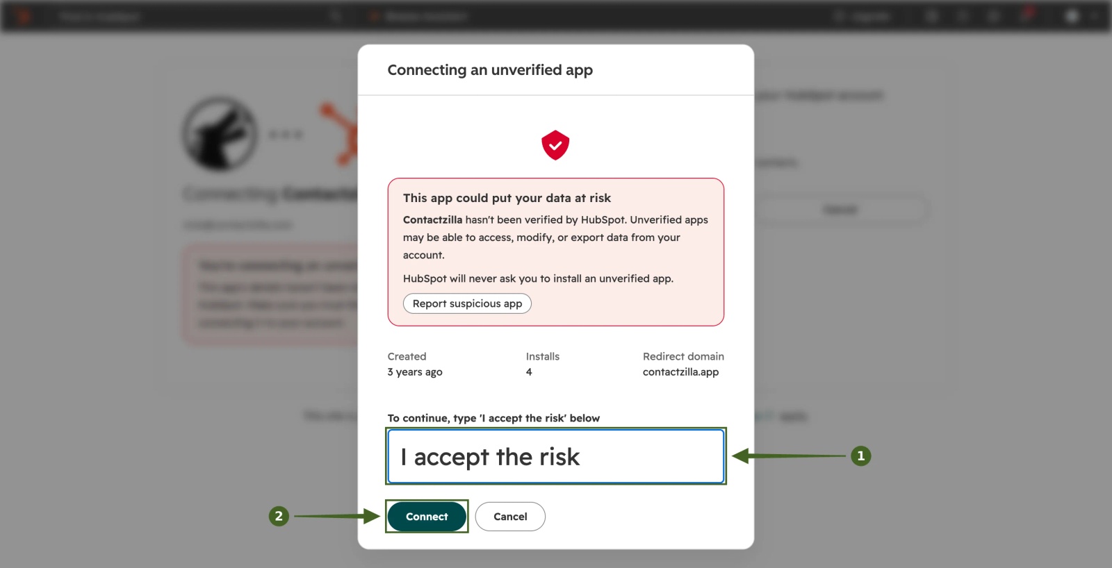 HubSpot Connecting an unverified app dialog with I accept the risk typed in and the Connect button highlighted