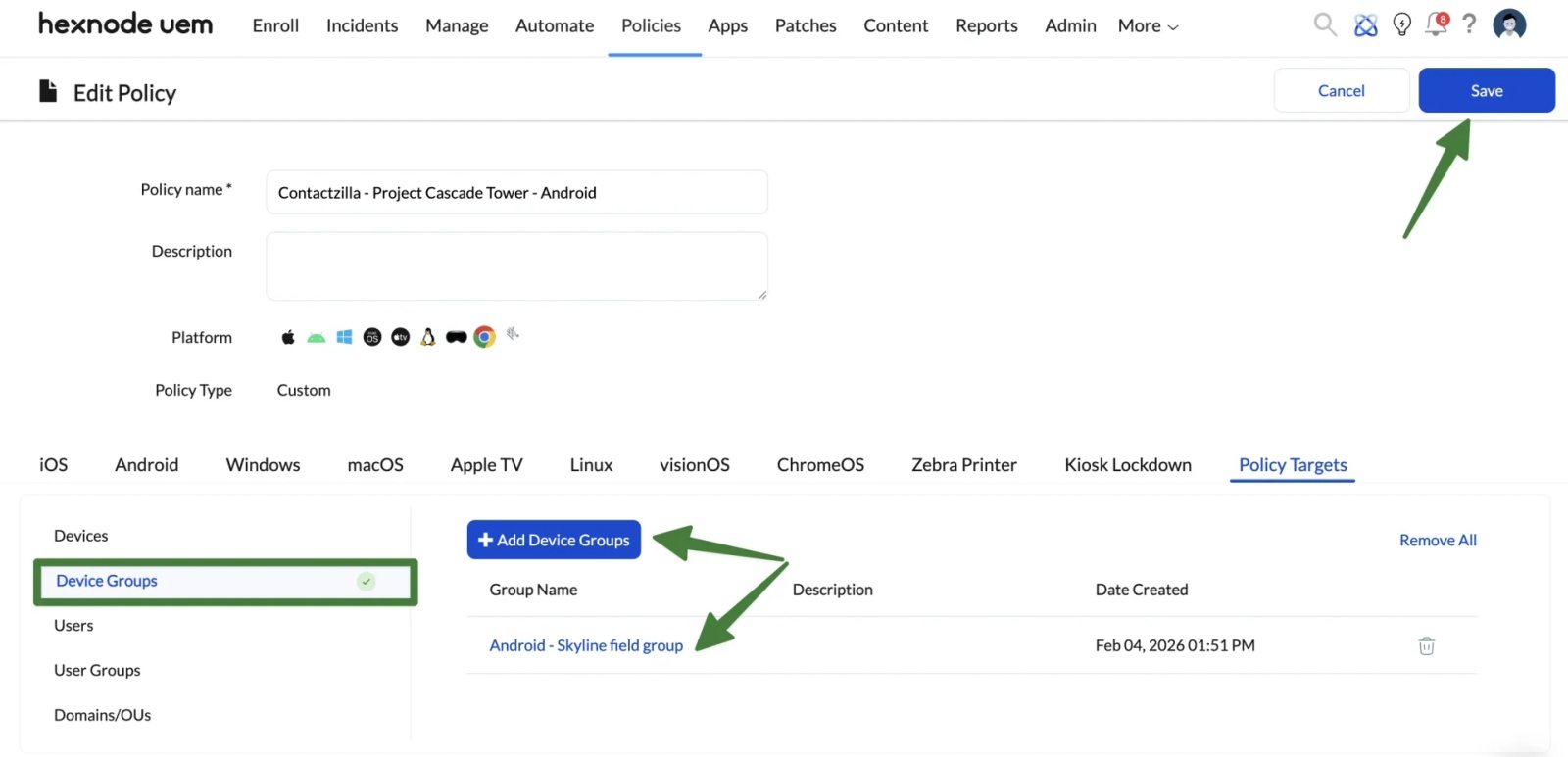 Hexnode Edit Policy screen showing the Contactzilla Android policy assigned to a device group, with Device Groups selected under Policy Targets and the Save button highlighted to apply the assignment.