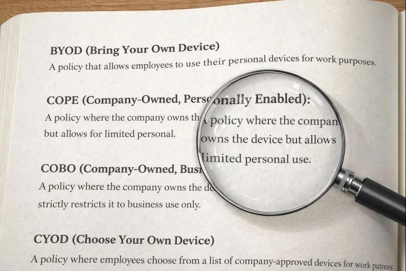 Glossary-style image explaining BYOD, COPE, COBO, and CYOD mobile device policies, highlighting differences in device ownership, personal use, and management models.