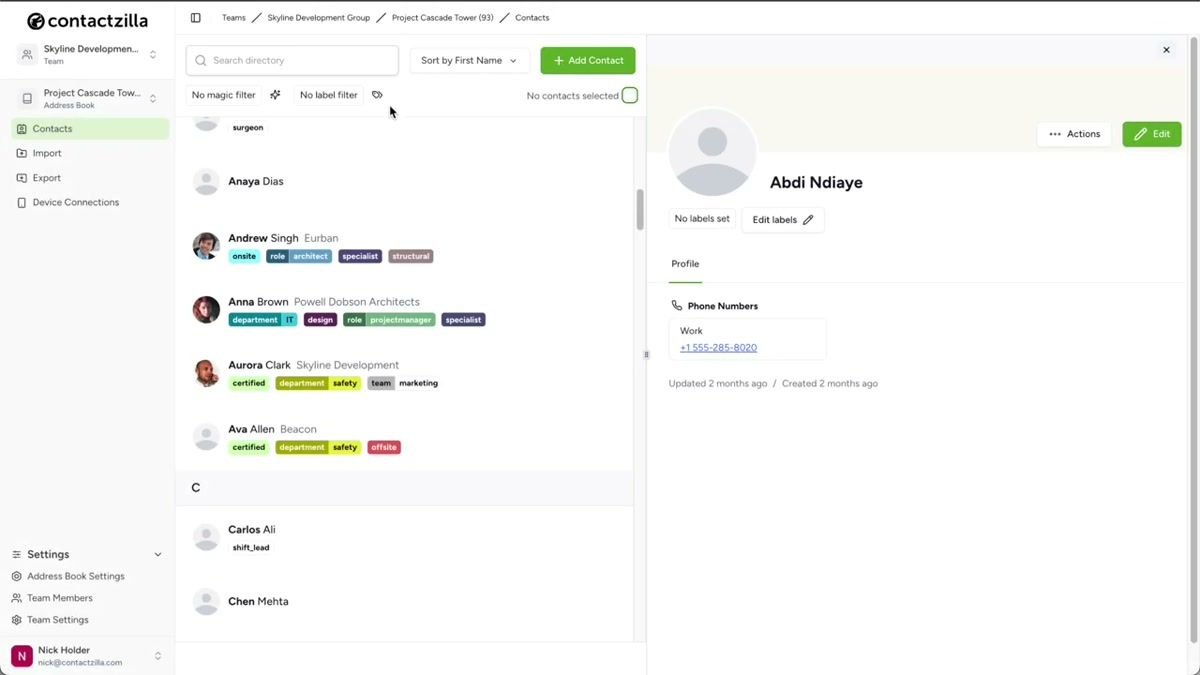 iPhone screen showing Contactzilla contacts appearing in the native iOS Contacts app organized by labels as separate lists