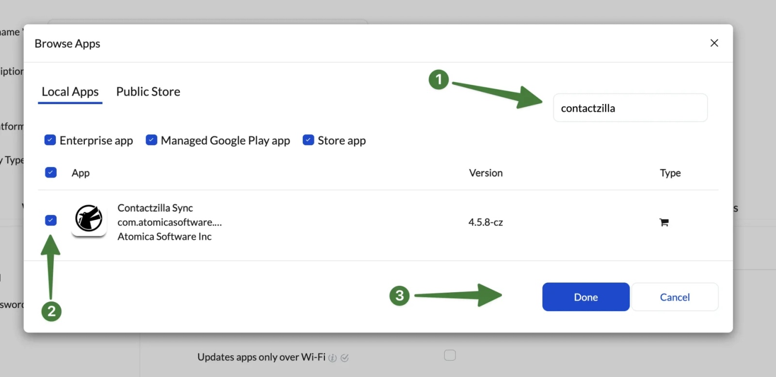 Hexnode Browse Apps window showing Contactzilla Sync selected as a managed Google Play app to be added to the Android policy.
