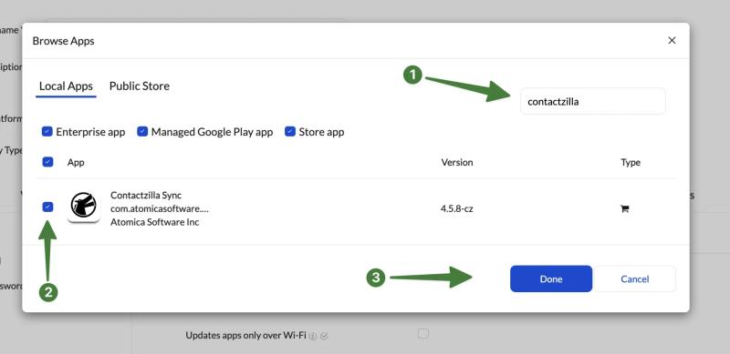 Hexnode Browse Apps window showing Contactzilla Sync selected as a managed Google Play app to be added to the Android policy.