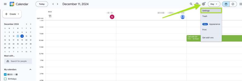Accessing the settings menu from within Google Calendar.