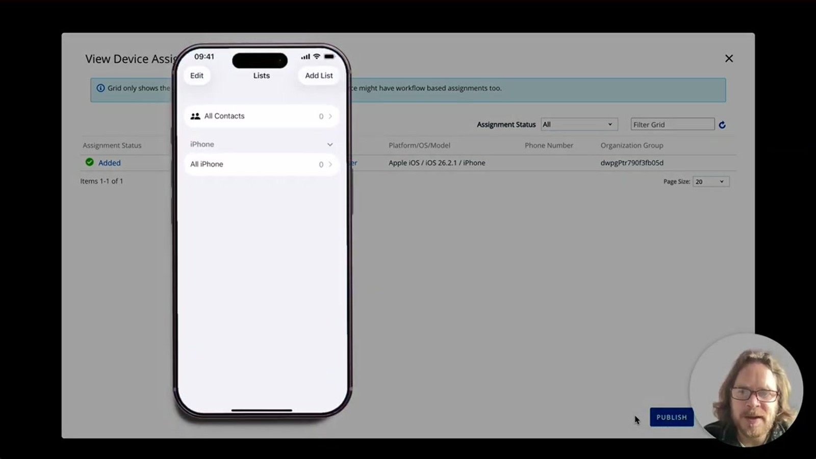 Workspace ONE profile assignment screen with the iOS Smart Group selected and Save and Publish button visible