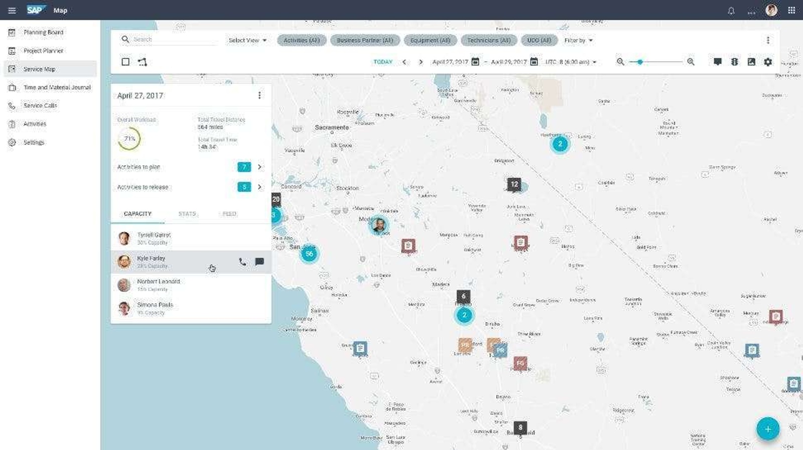 Jobber's comprehensive scheduling view with color-coded job assignments and technician availability