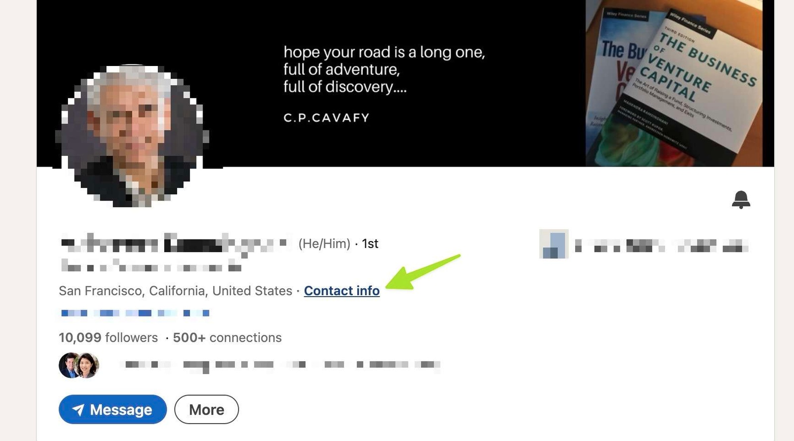 The Contact info button found on someone's Linkedin profile.
