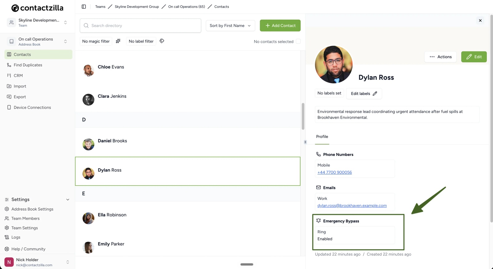 Contactzilla contact profile showing the Emergency Bypass field set to Ring and Enabled.