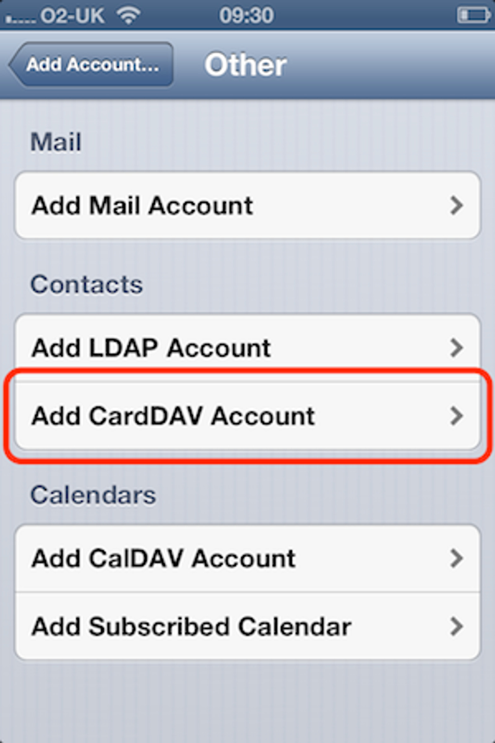 iPhone - Add cardDAV account