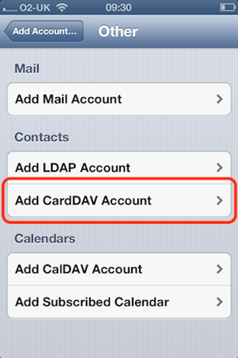 iPhone - Add cardDAV account