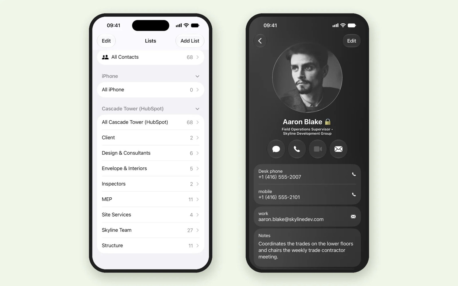 Two iPhone screens: the Cascade Tower (HubSpot) account in Contacts with trade lists such as MEP and Structure, and a read-only contact card with headshot, desk and mobile numbers and notes