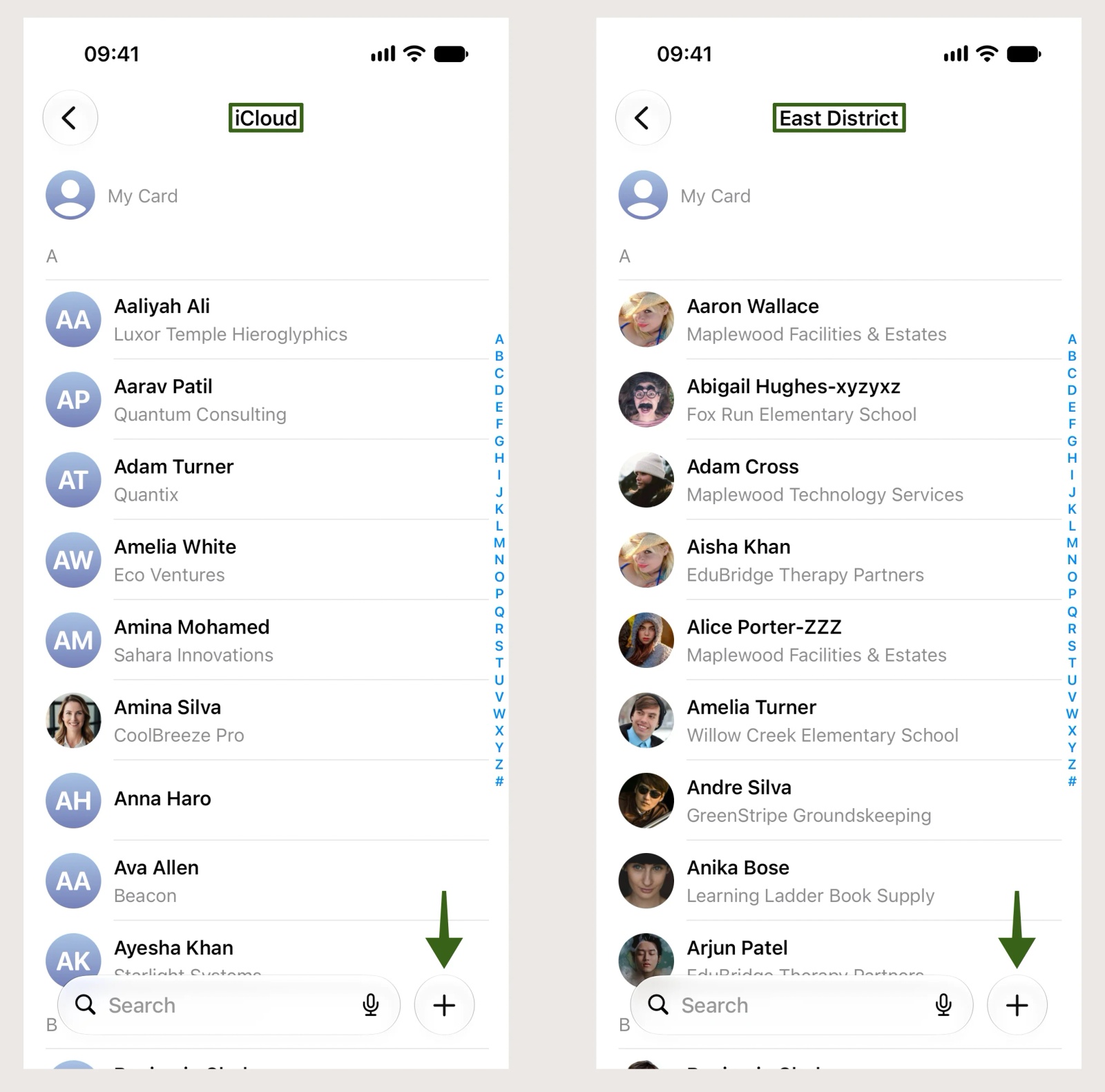 Two iPhone contact lists side by side, iCloud on the left and the East District company address book on the right, each with its list title boxed and an arrow at the plus button.