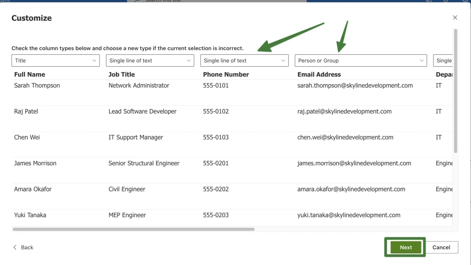 SharePoint rename column dialog showing Full Name entered as new column name with Save button highlighted
