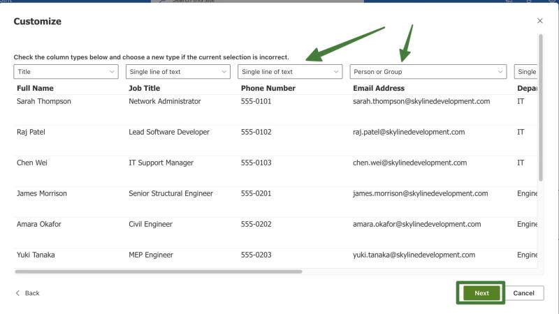 SharePoint rename column dialog showing Full Name entered as new column name with Save button highlighted